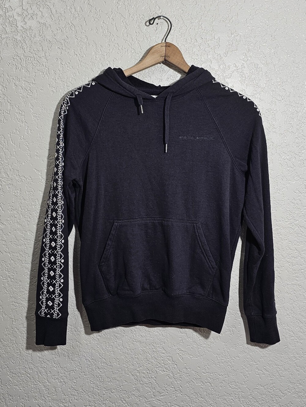 Spiritual Gangster Embroidered Sleeve Cotton Blend Hoodie